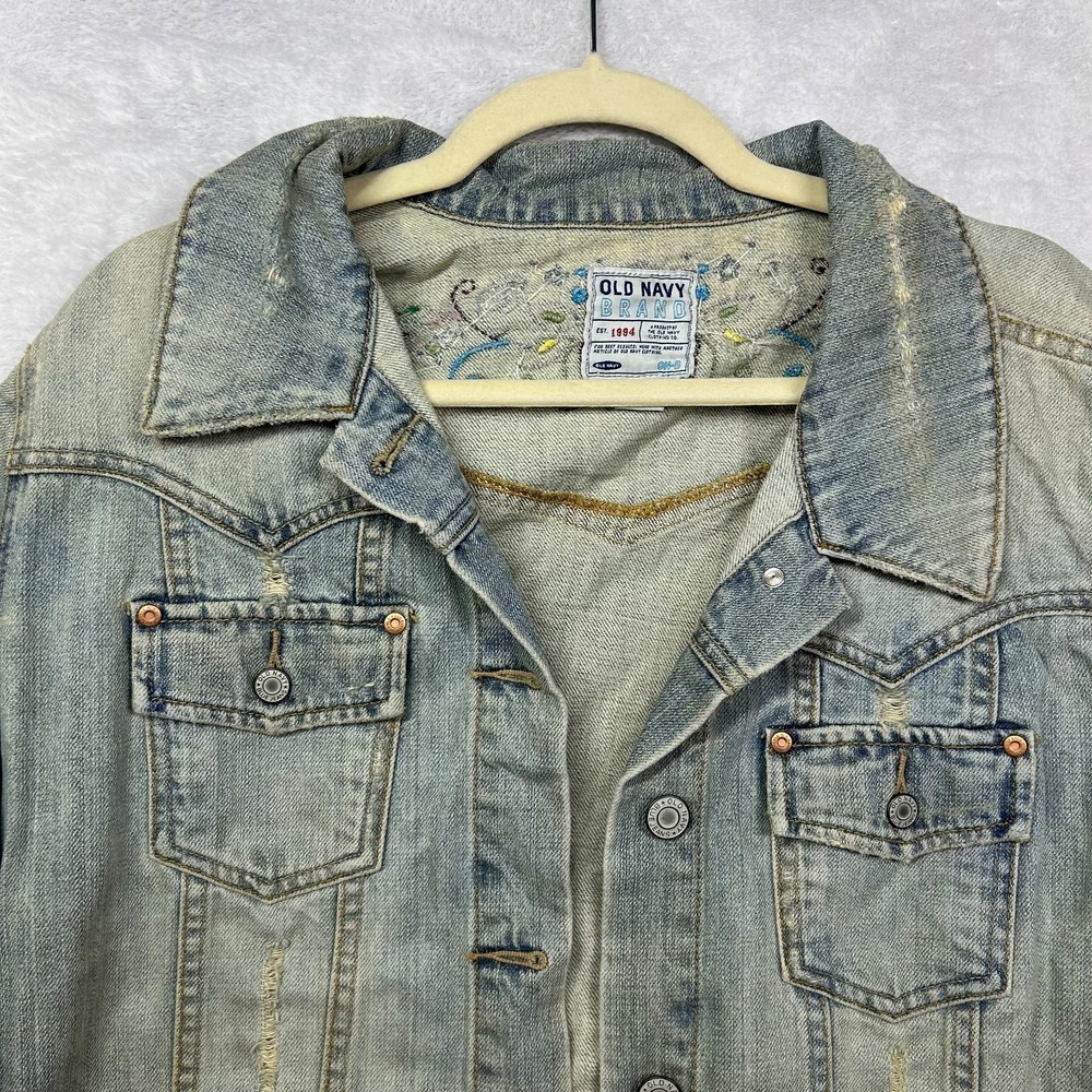 Vintage Old Navy Denim Jacket Women's Blue Floral Embroidery Beaded Y2K - 2XL - Picture 6 of 12
